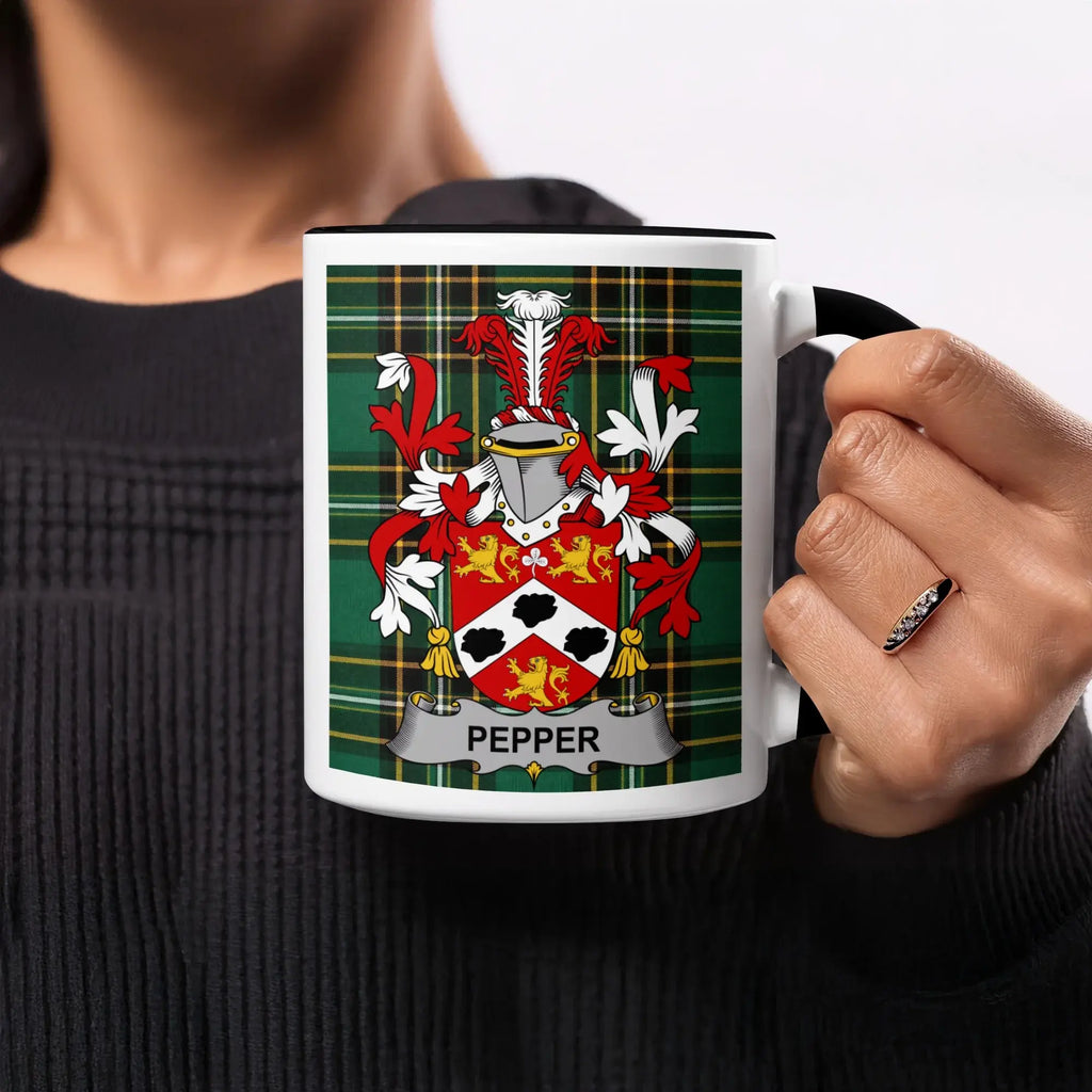 Pepper black accent mug with Irish National Tartan and family crest