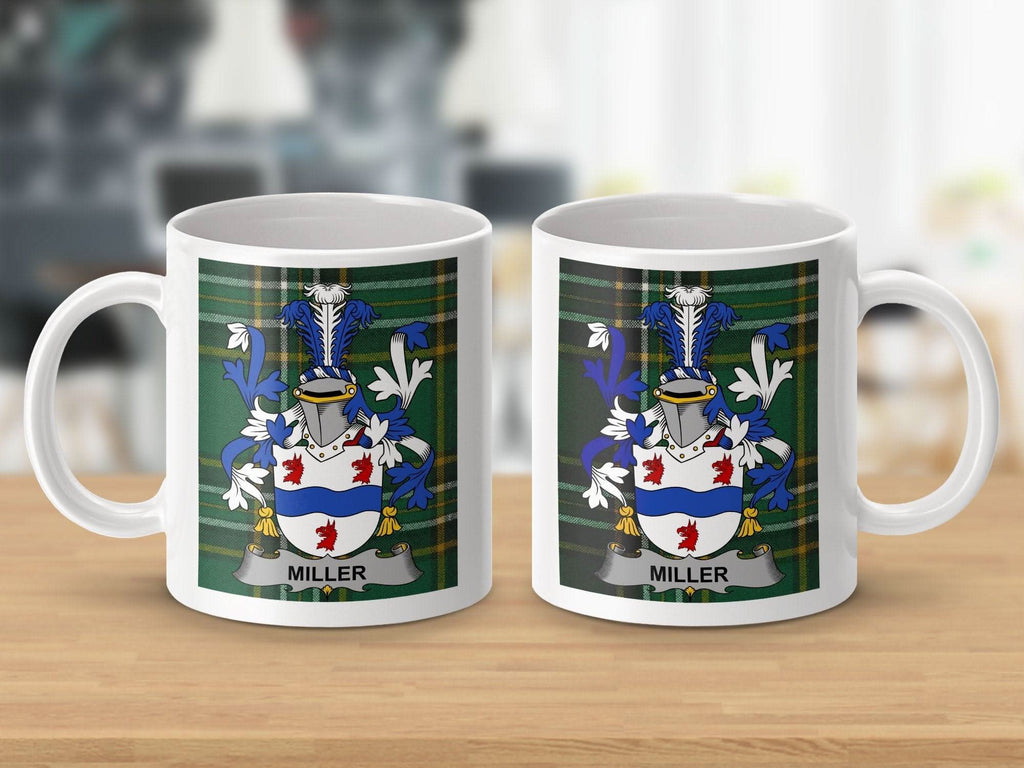 Miller Surname Family Crest on Irish Tartan Mug - Celtic Ancestry Gifts