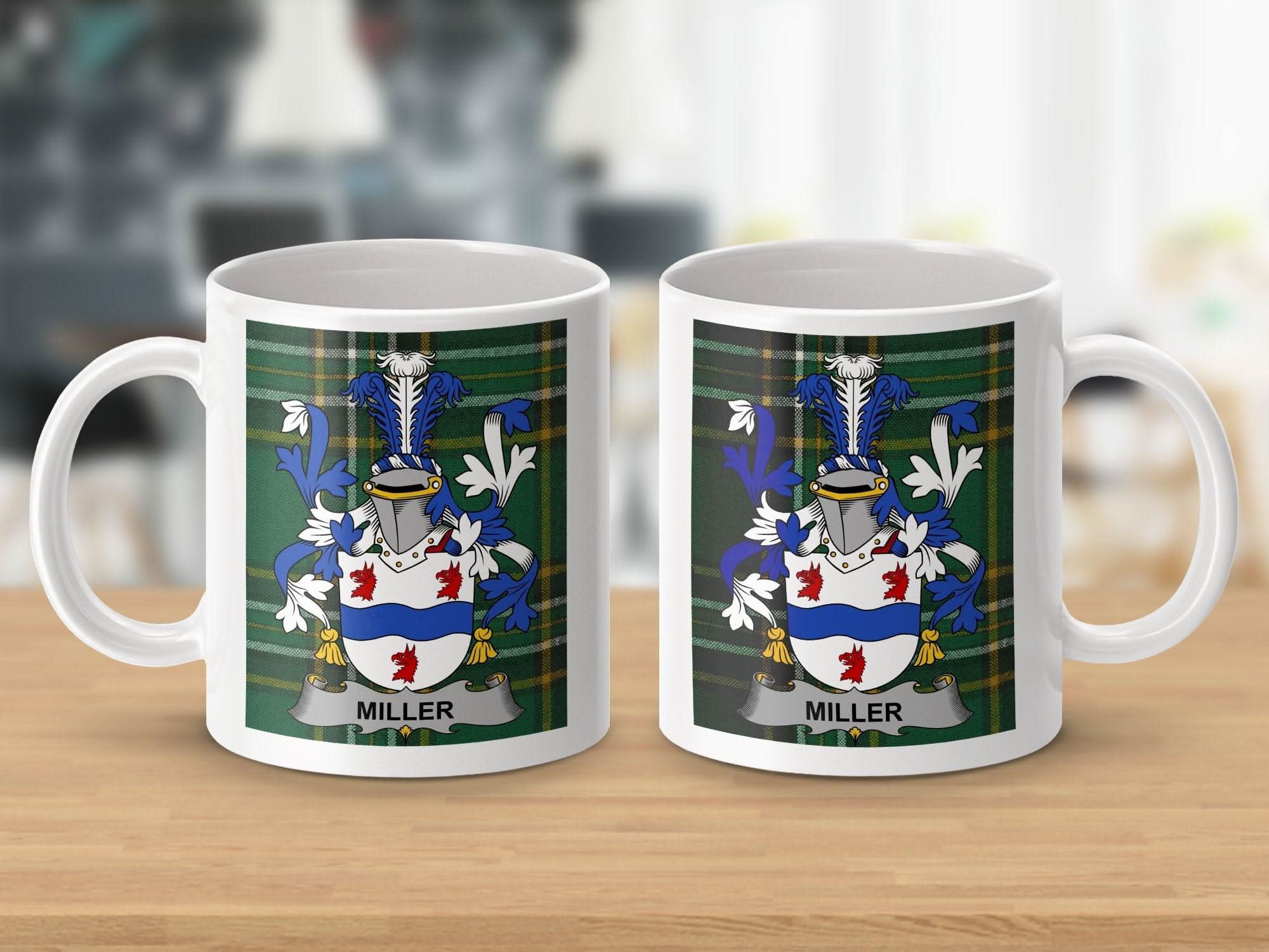 Miller Surname Family Crest on Irish Tartan Mug - Celtic Ancestry Gifts
