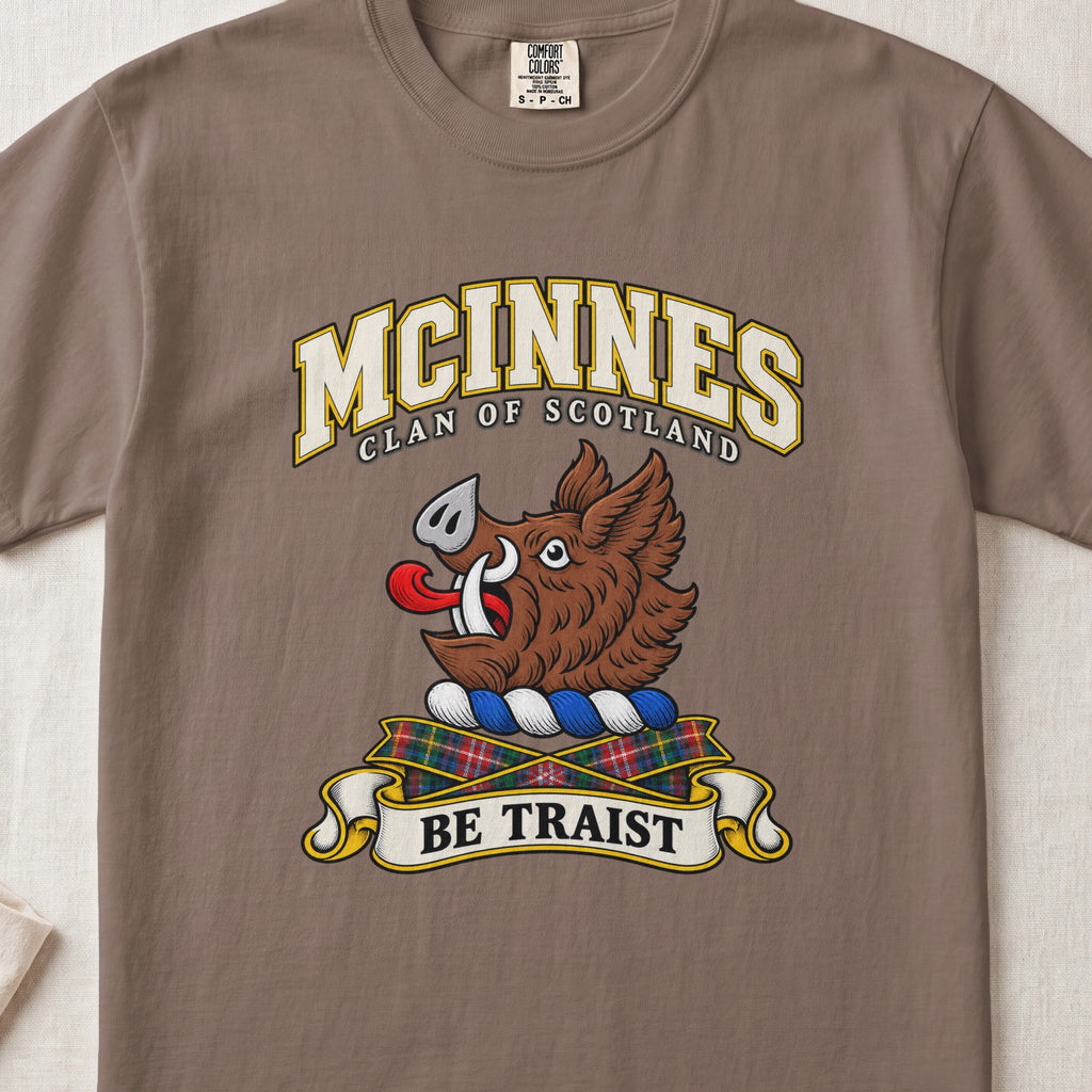 McInnes Scottish clan T-shirt in Espresso, front view with a brown boar head and motto design.