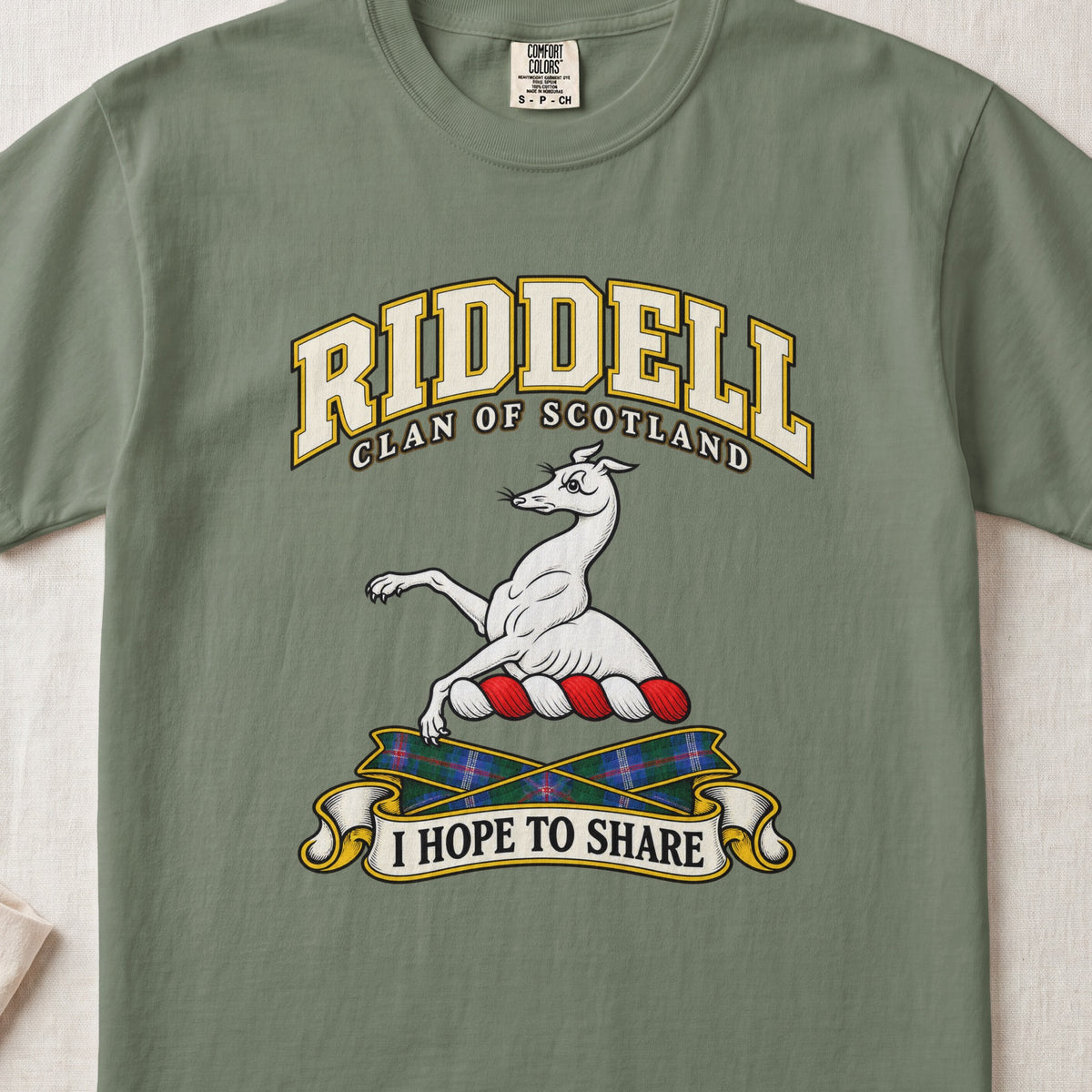 Riddell Scottish clan T-shirt in Moss, front view with a white greyhound with raised forelegs and motto banner.