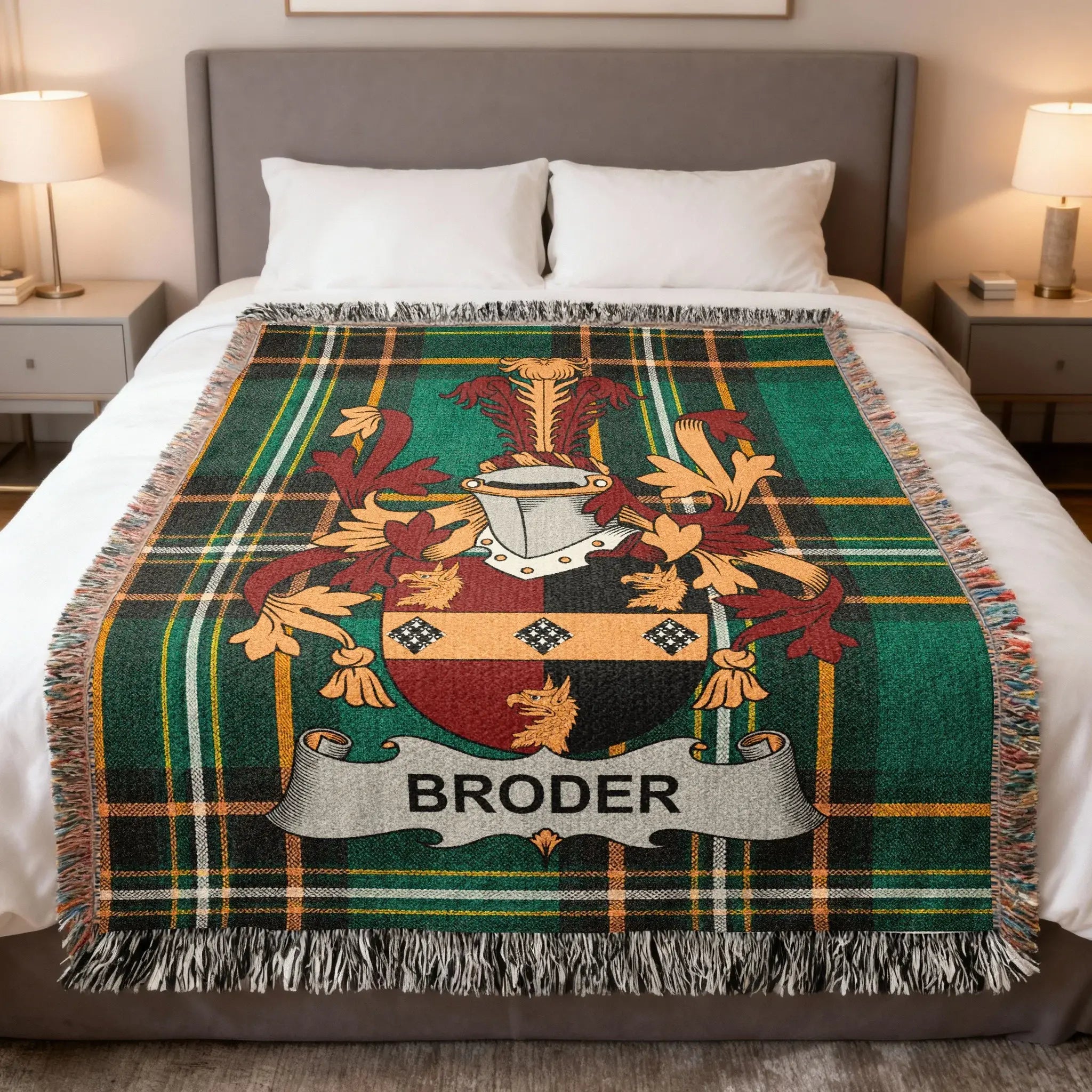 Custom Broder Family Crest Green Plaid Blanket Throw product type
