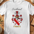 White Glasford Scottish family shield T-shirt featuring a red diagonal band with stars and a small wheel motif