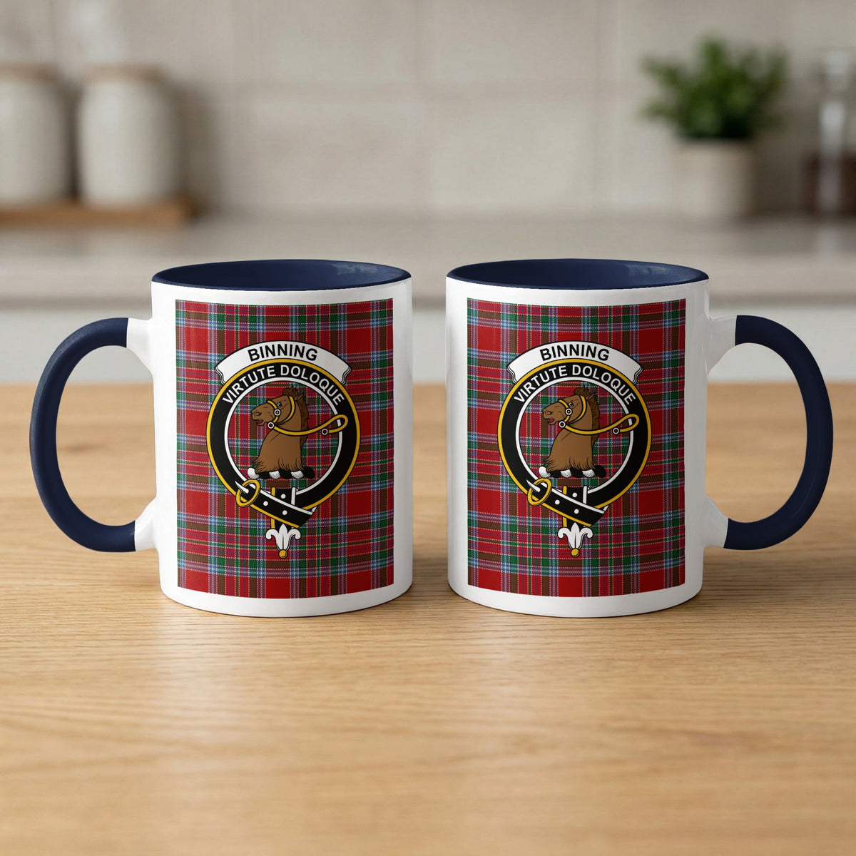 Pair of Binning Scottish family crest 11 oz mugs with navy accents and a tartan background