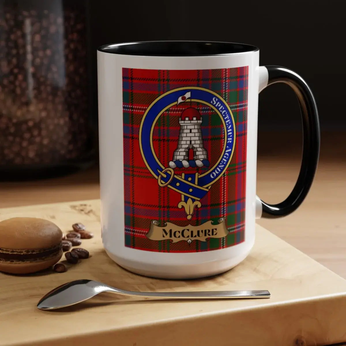 Close-up of the McClure clan crest printed on a ceramic mug