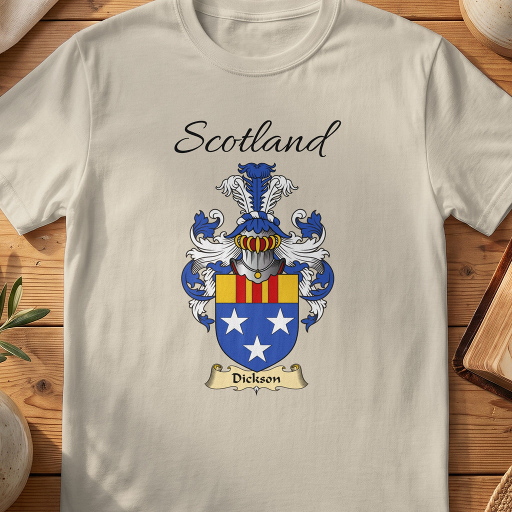 Sand Dickson Scottish family shield T-shirt featuring white stars on blue beneath a striped top band