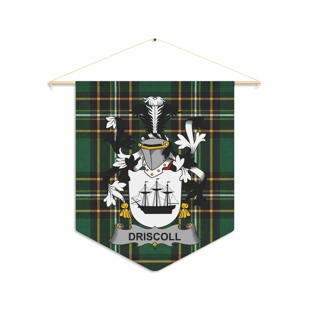 Tartan banner featuring the Driscoll family crest with a ship and name.