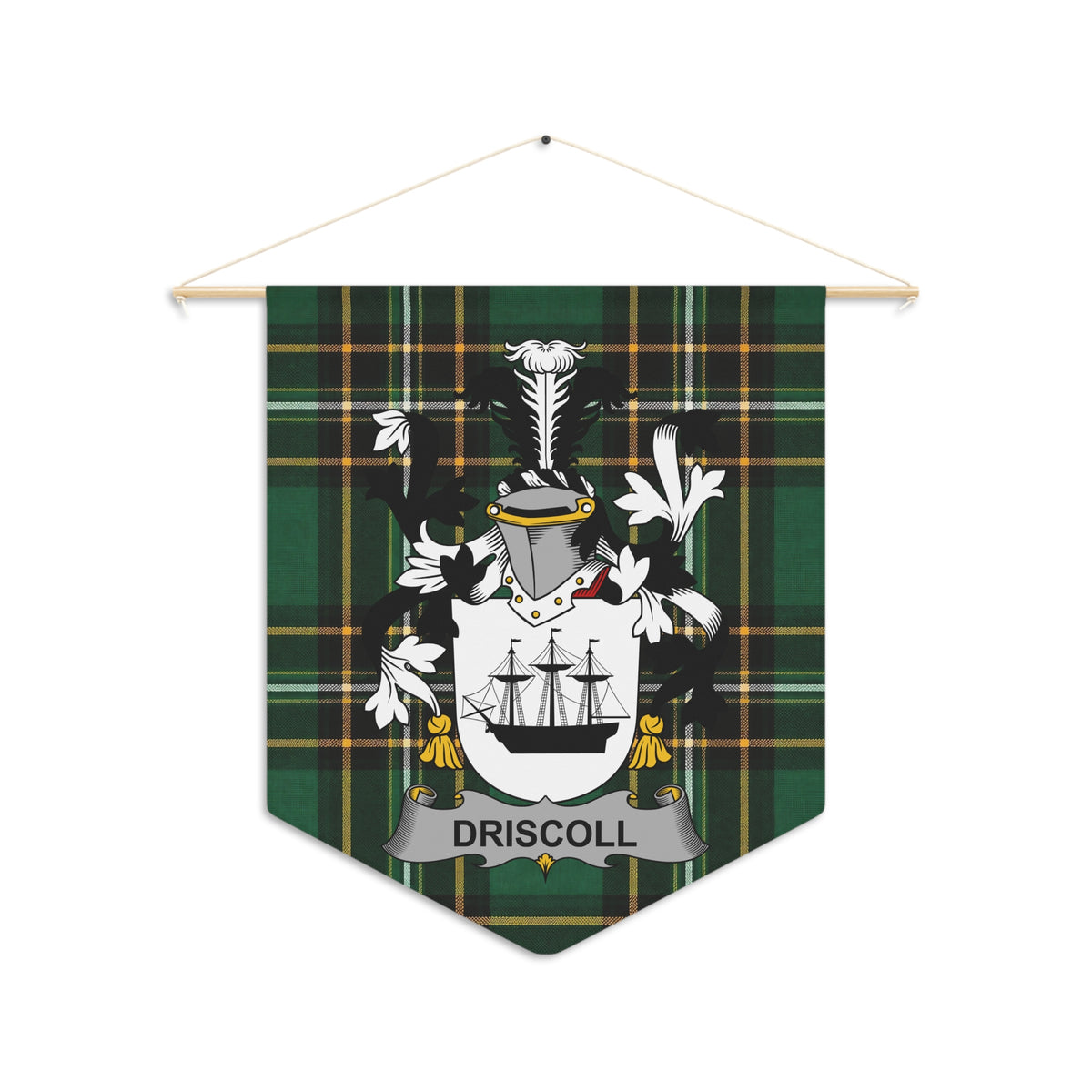 Tartan banner featuring the Driscoll family crest with a ship and name.