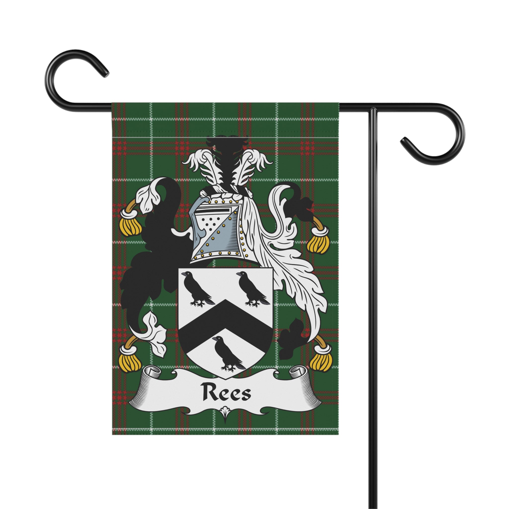 Rees family crest on a plaid garden flag.