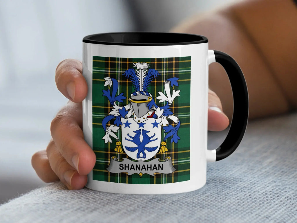 Shanahan Irish family crest black accent mug on Irish National Tartan