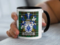 Shanahan Irish family crest black accent mug on Irish National Tartan