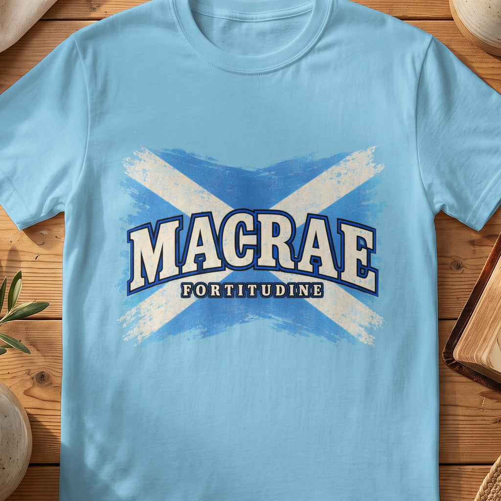 MacRae Scottish Saltire T-shirt in Sky, with distressed blue and cream flag and “Fortitudine” lettering.
