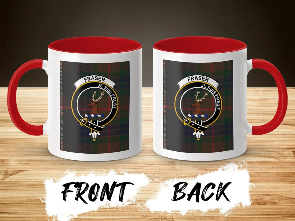 Fraser tartan accent mug with red handle — clan crest print, 15oz ceramic, dishwasher safe