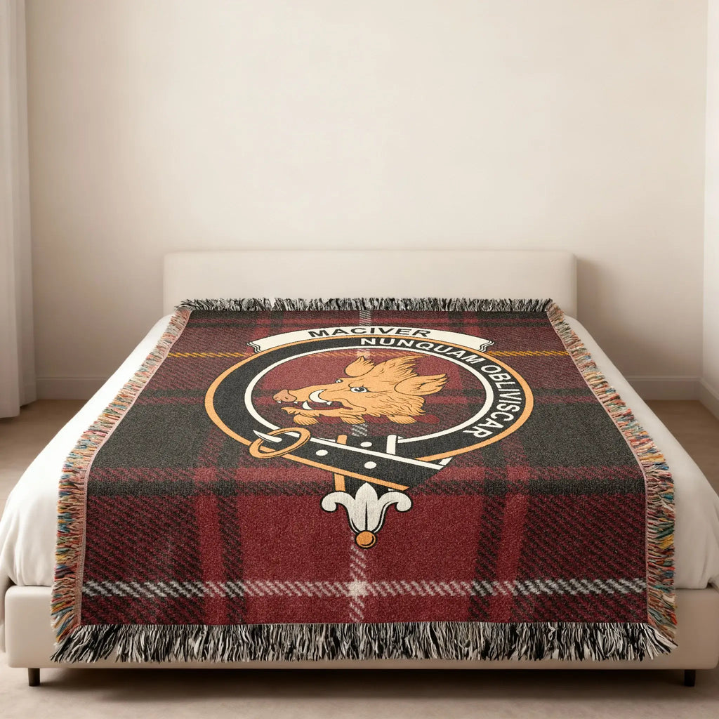 MacIver Nunquam Obliviscar plaid blanket decorative — clan crest and tartan woven design