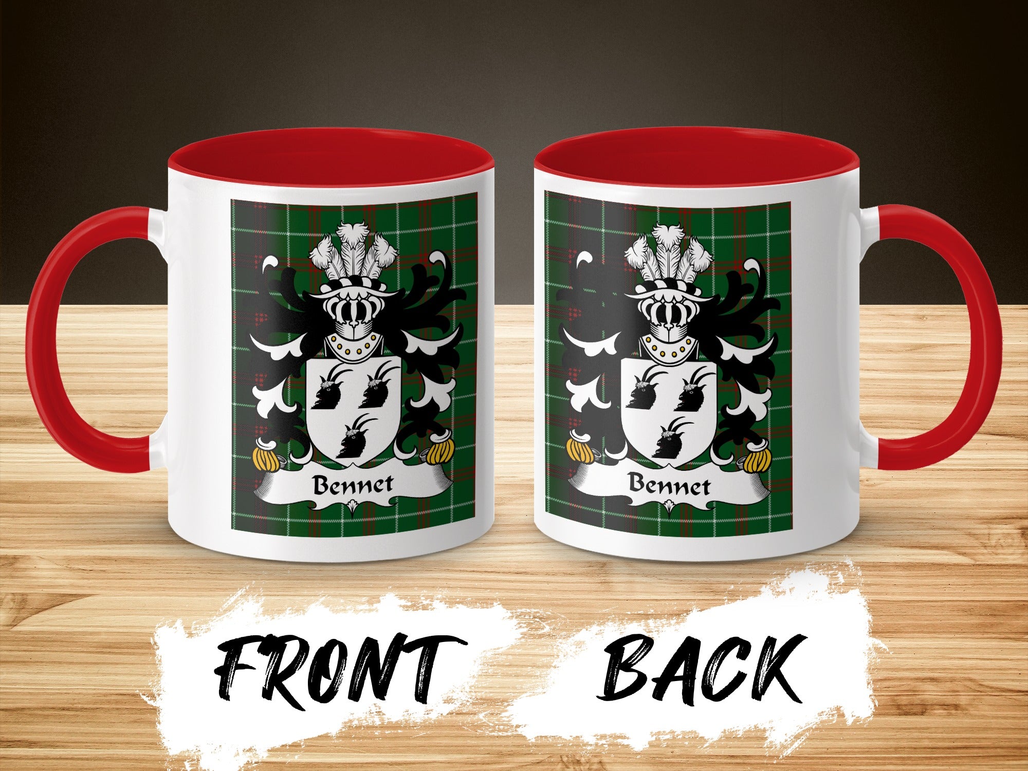 Two white mugs with red handles and interiors, each showing the Bennet coat of arms on a tartan background.