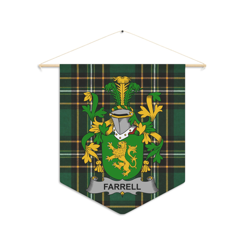 Farrell tartan pennant featuring a crest with a lion and banner.