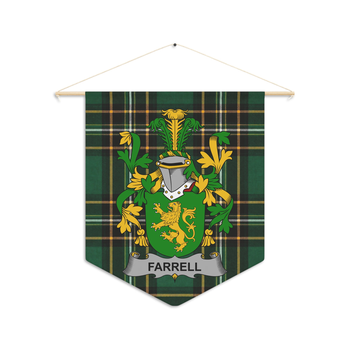 Farrell tartan pennant featuring a crest with a lion and banner.