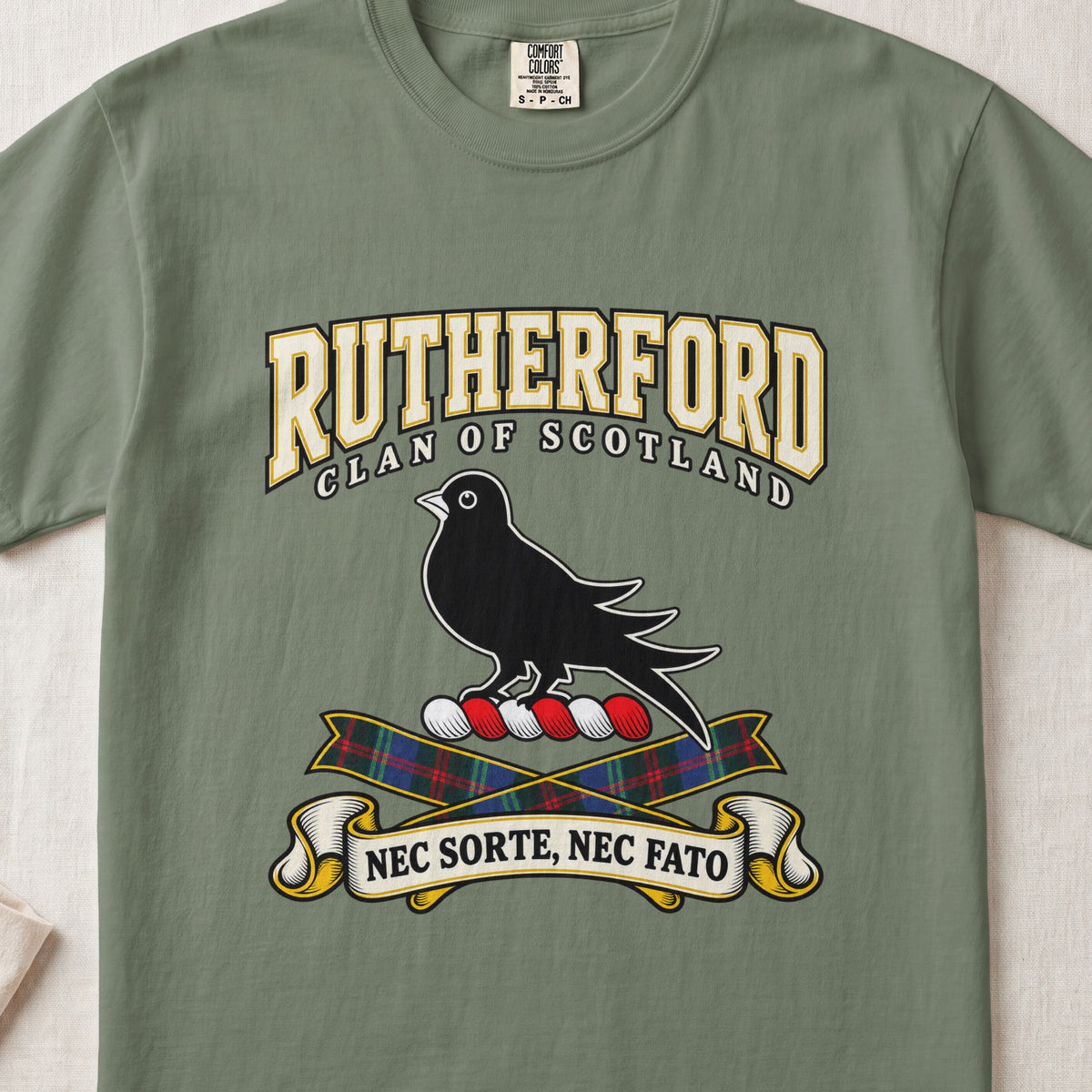 Rutherford Scottish clan graphic T-shirt in Moss, front view