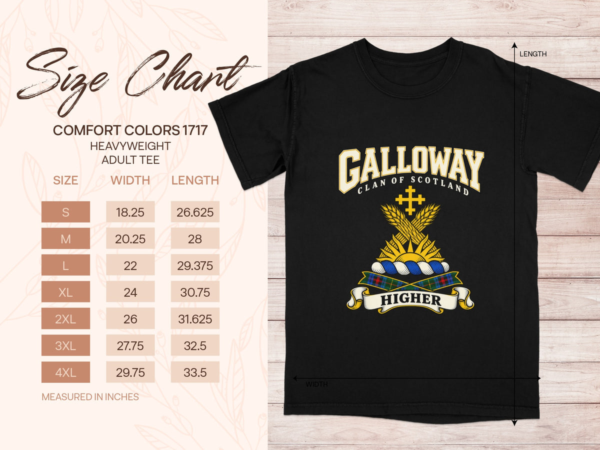 Comfort Colors 1717 size chart in inches with a black Galloway clan crest T-shirt preview