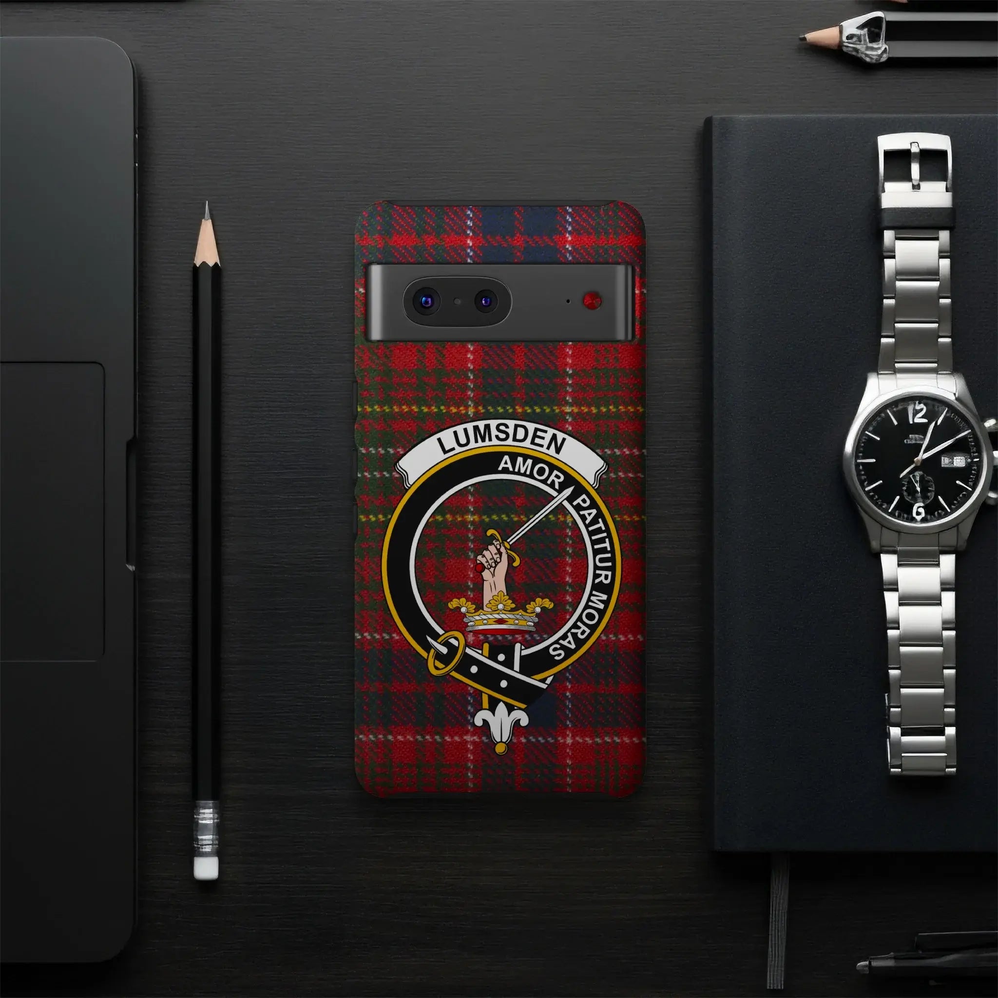 Clan Lumsden Amor Patitur Moras crest phone case — UV-resistant coating, full colour tartan wrap