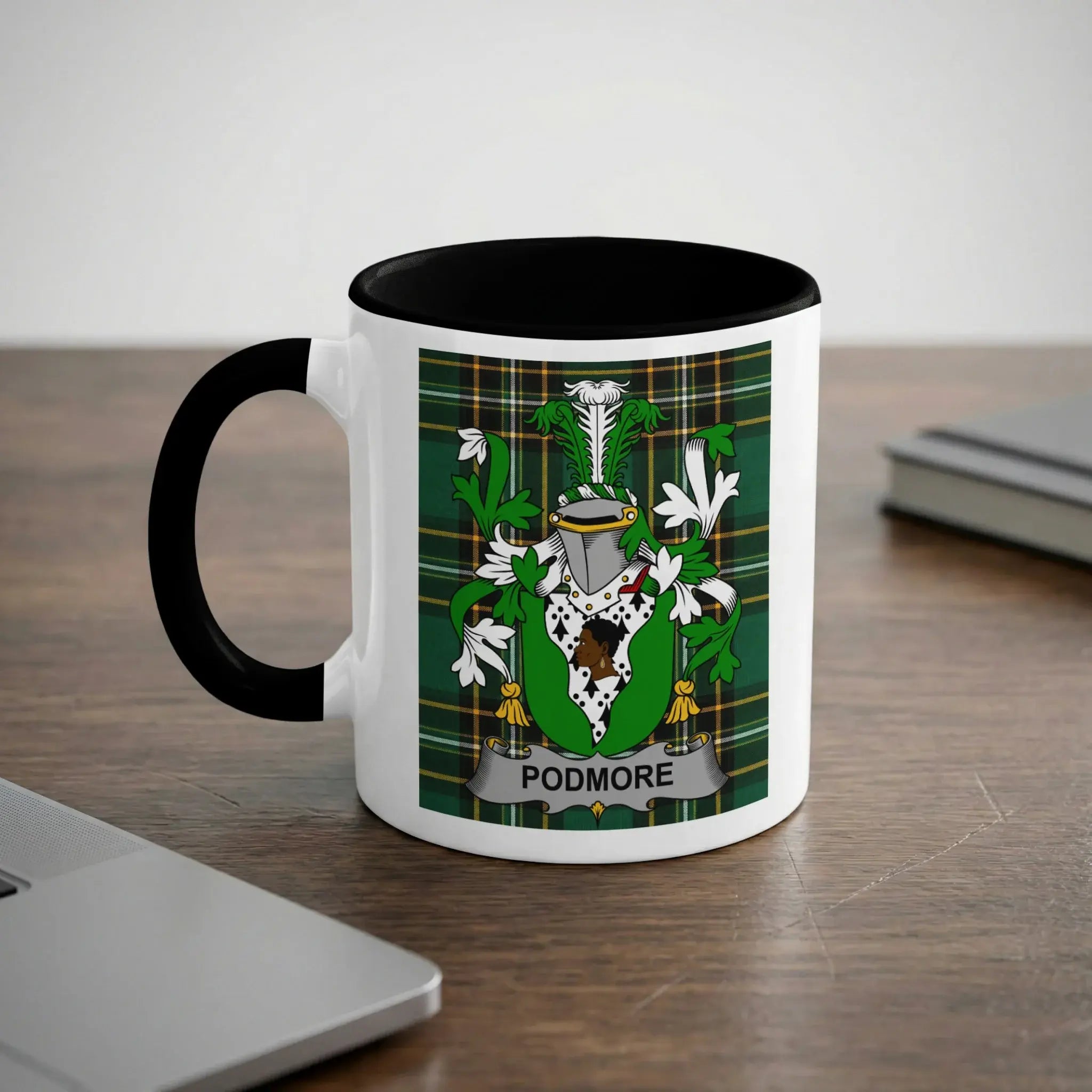 Podmore Irish heritage mug with black interior and surname crest