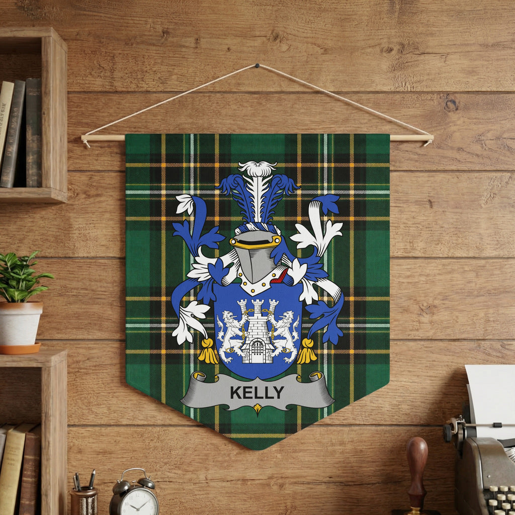 Kelly family crest on green tartan banner with silver scroll.