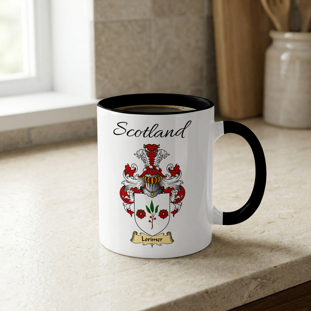 Lorimer Scottish family crest accent mug with Scotland lettering and coat of arms artwork