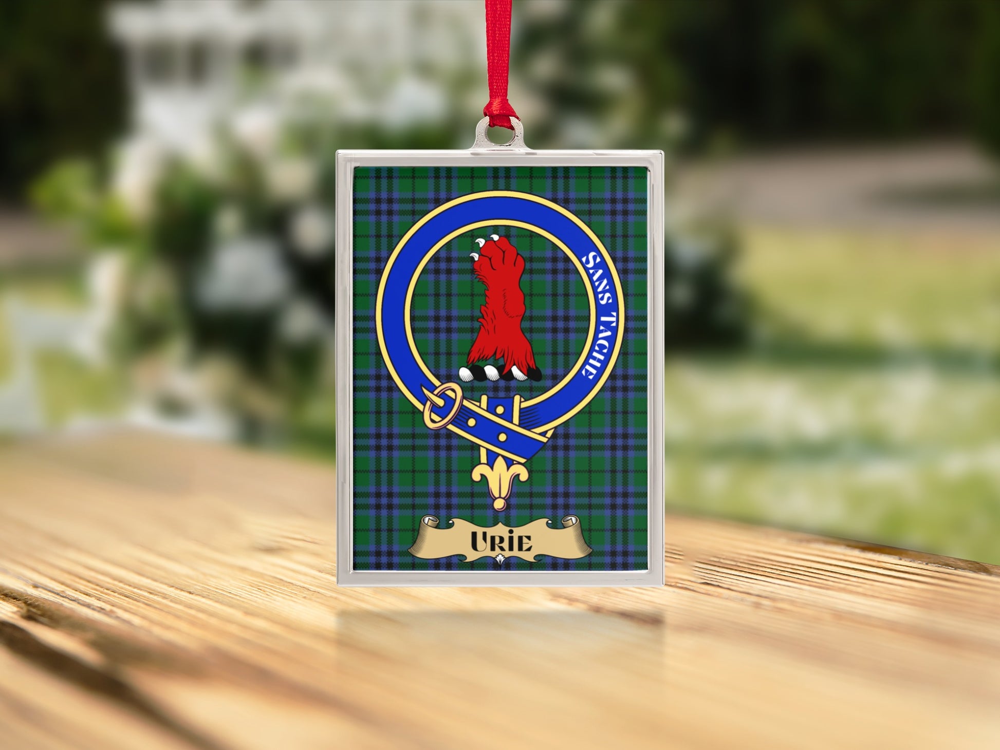 Clan Urie Crest Plaid Ornament with Red Ribbon product