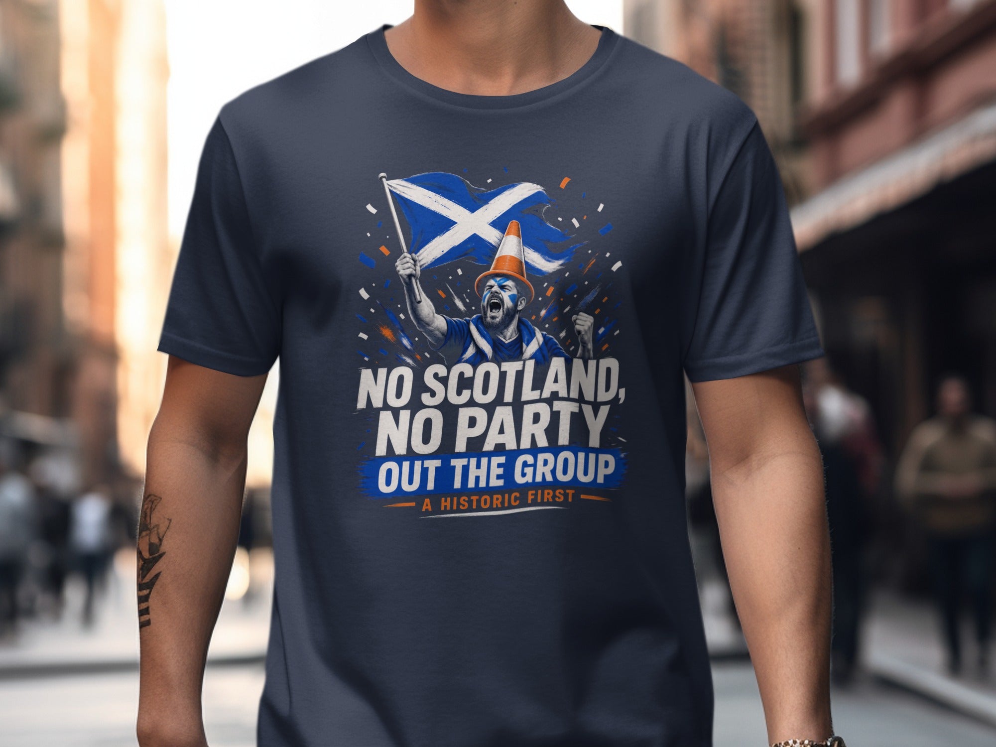 Navy t-shirt with "NO SCOTLAND, NO PARTY OUT THE GROUP A HISTORIC FIRST" and Scottish flag.