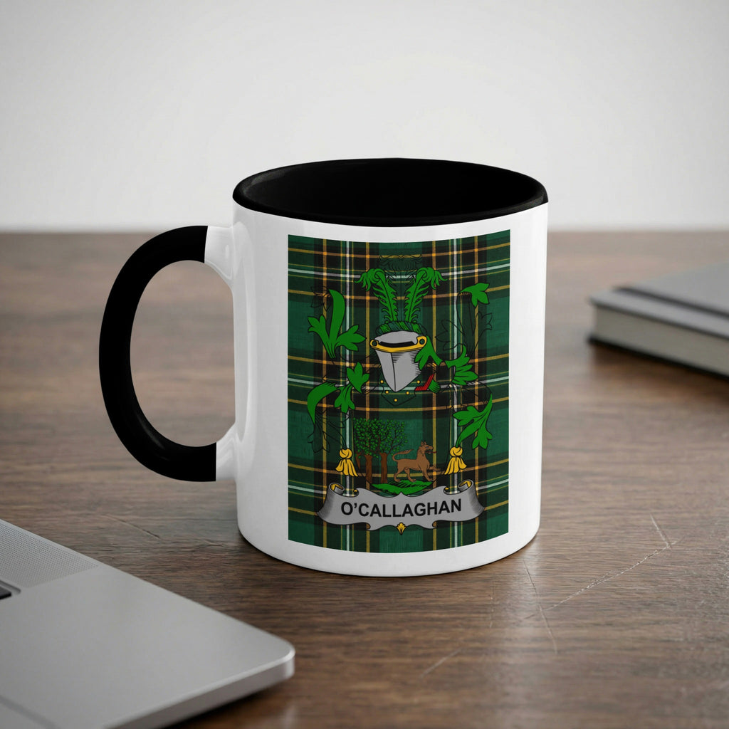 O'Callaghan 11 oz black accent mug featuring Irish family crest and tartan