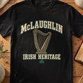 McLaughlin Irish Heritage black Gildan 64000 T-shirt with Celtic harp design