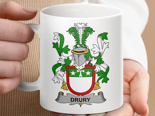 Drury Surname Irish Family Crest Mug - Celtic Ancestry Gifts