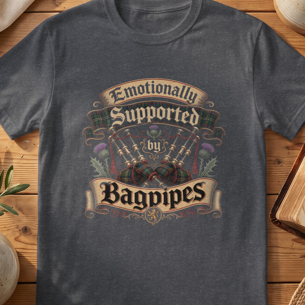 Dark grey Gildan 64000 unisex T-shirt flatlay with Emotionally Supported by Bagpipes Scottish graphic design