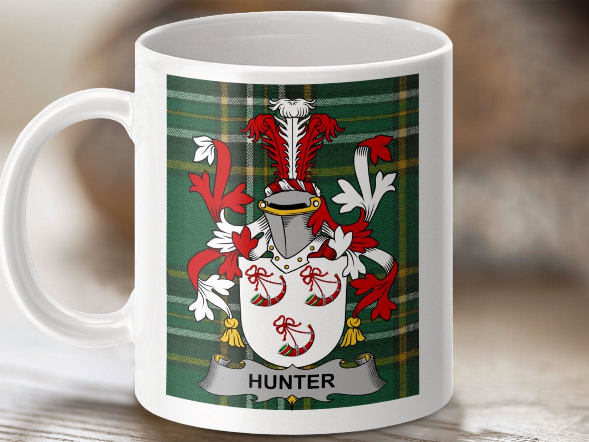 Hunter Surname Family Crest Irish National Tartan Mug - Celtic Ancestry Gifts
