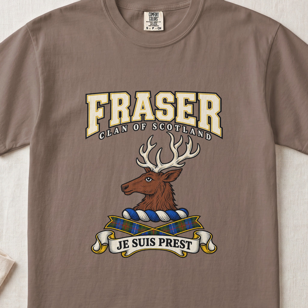 Fraser graphic T-shirt in Espresso brown, front flat lay showing varsity lettering and brown stag head with cream antlers.