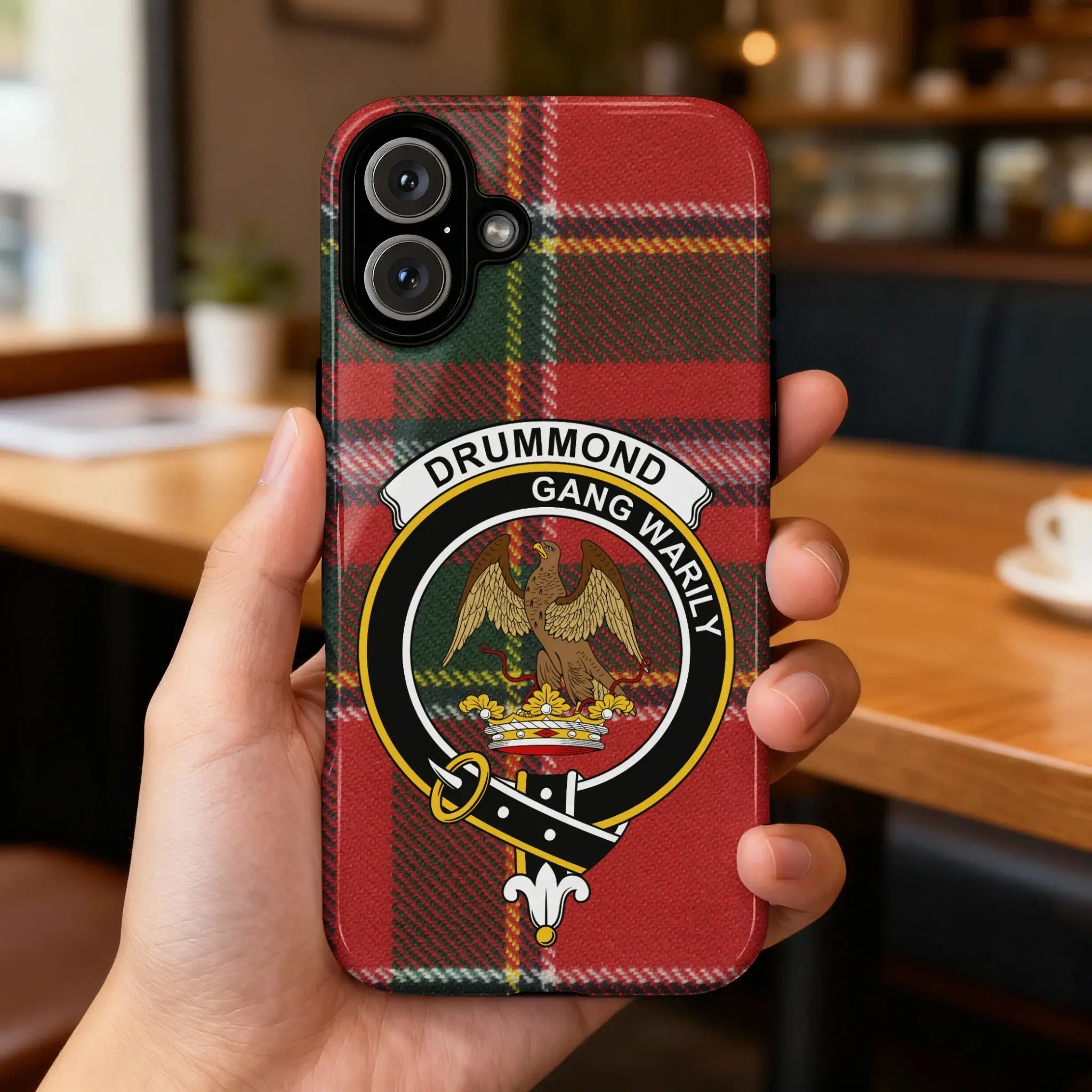 Drummond Gang Warily plaid phone case — full eagle heraldic wrap on glossy slim case