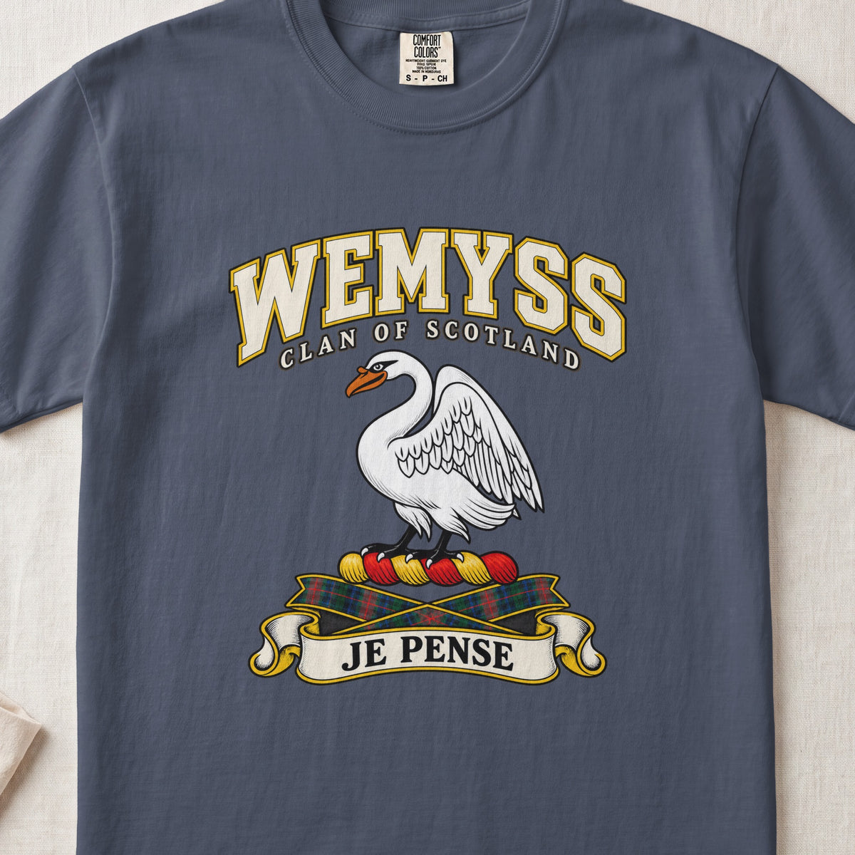 Wemyss Scottish clan T-shirt in Midnight, front view with a white swan and motto design.