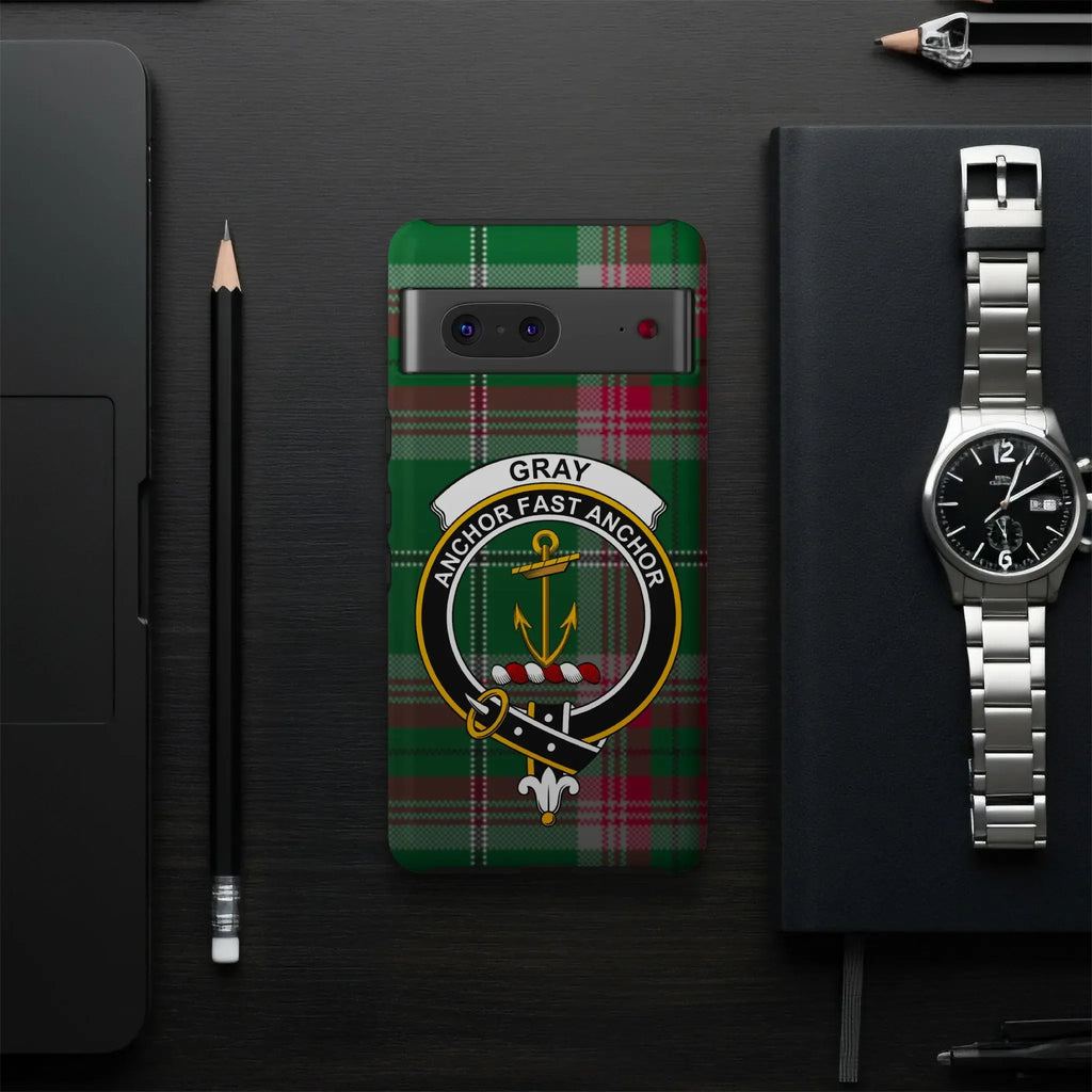 Gray clan crest tartan phone case flat lay — full Anchor Fast Anchor anchor design visible