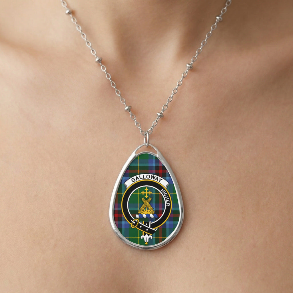 Close-up of Galloway clan tartan pendant necklace with crest design
