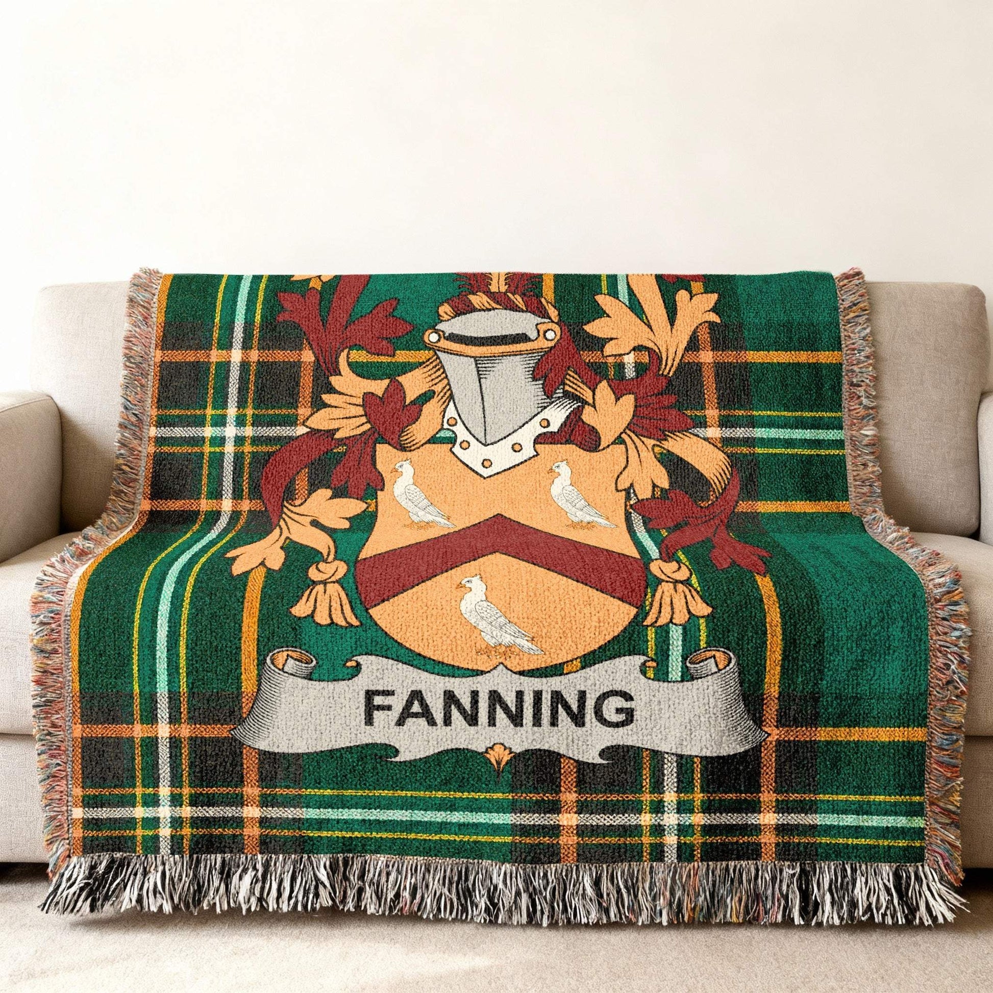 Fanning Crest Tartan Plaid Green Orange Throw Blanket