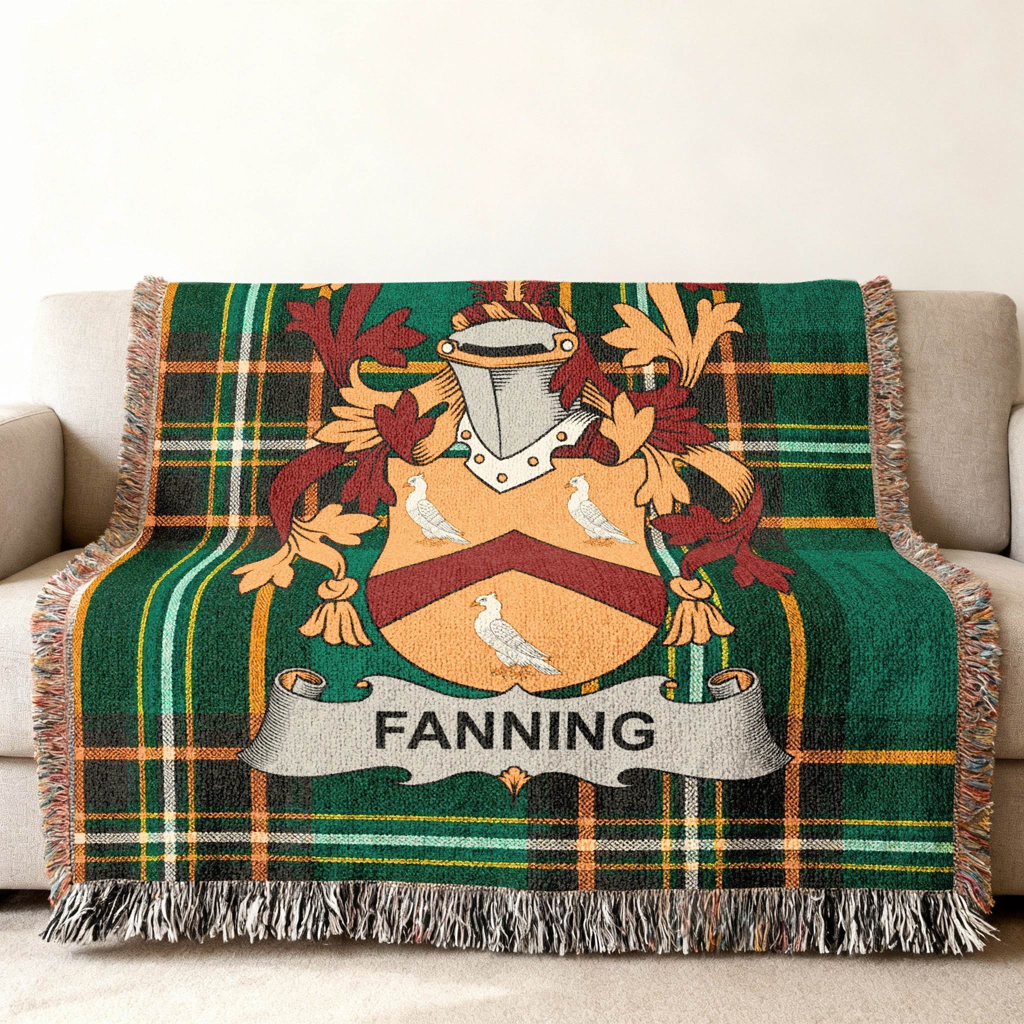 Fanning Crest Tartan Plaid Green Orange Throw Blanket