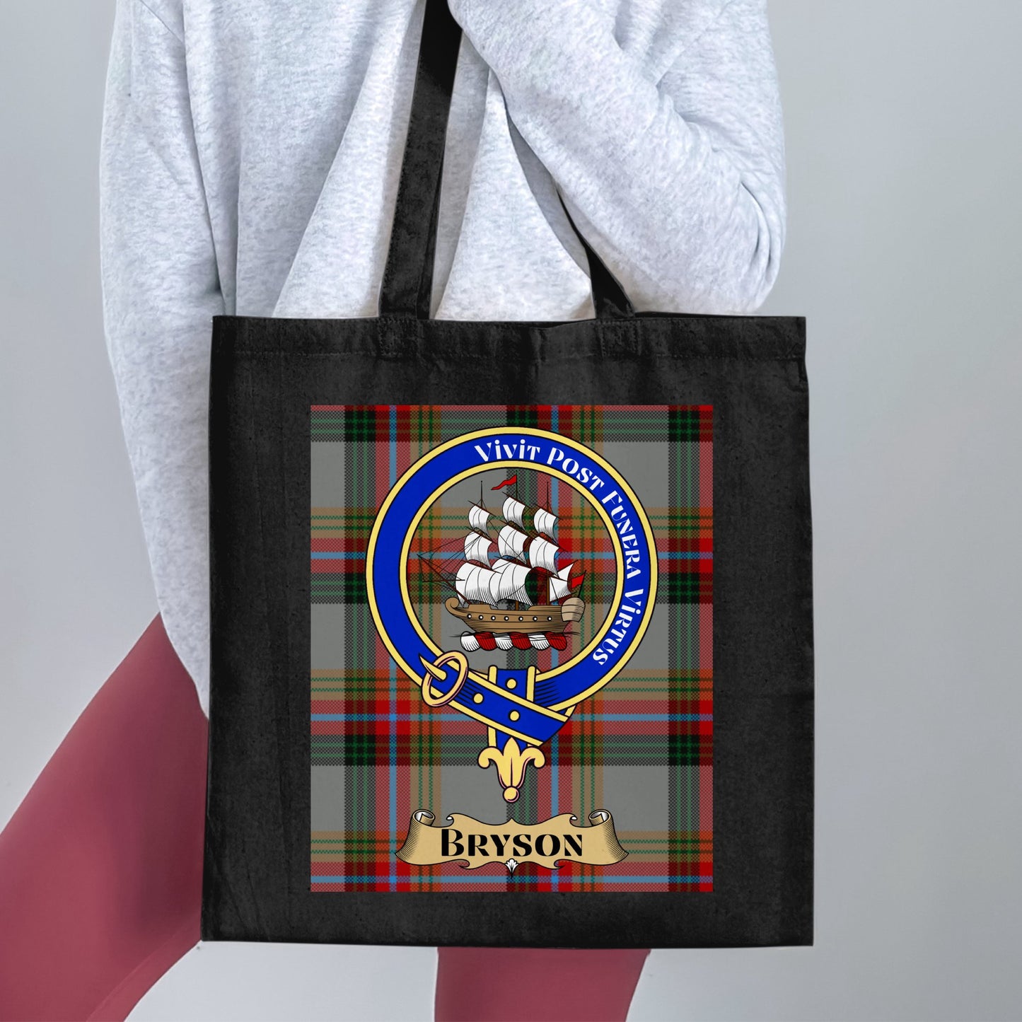 Bryson Clan Crest on Scottish Tartan Background Tote Bag - Living Stone Gifts