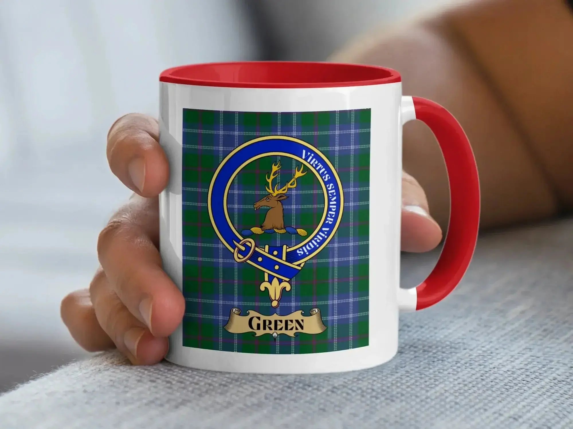 Green family crest ceramic mug for everyday coffee and tea