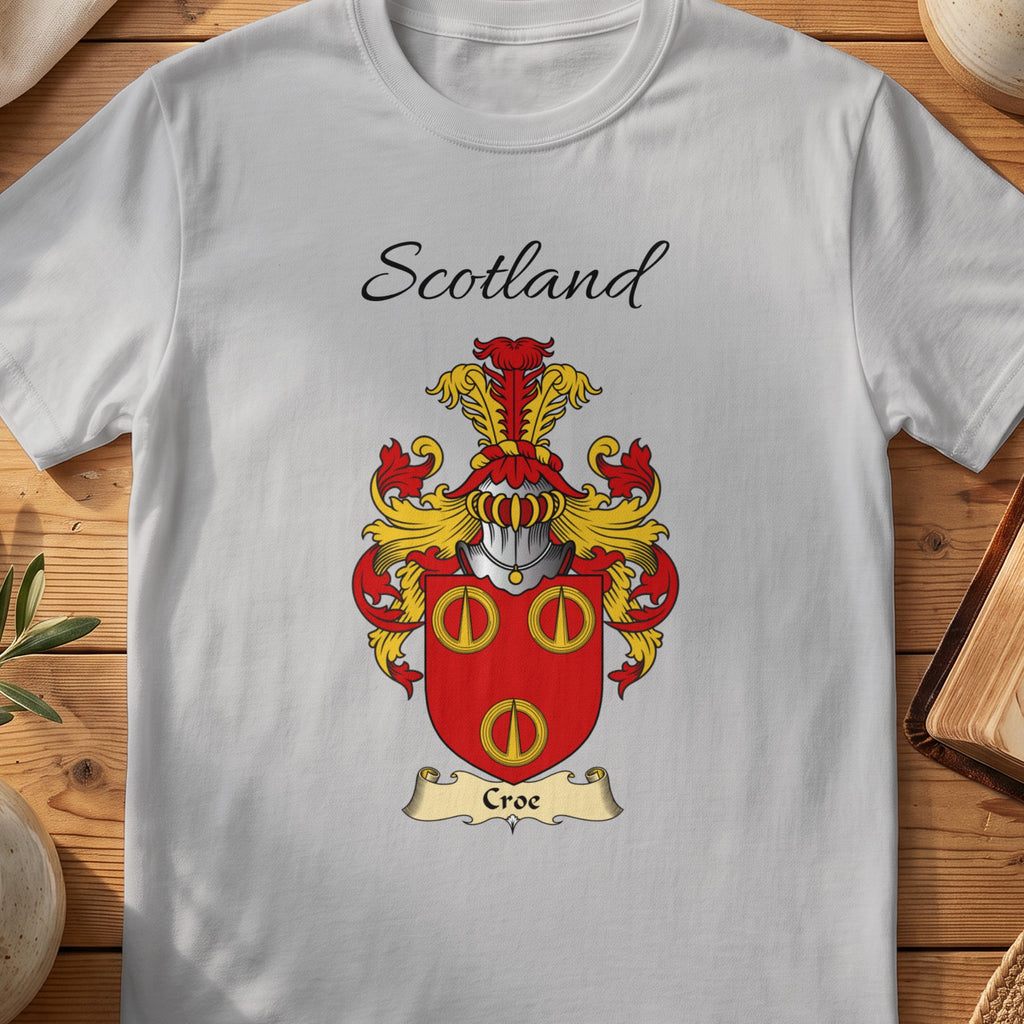 Sport Grey Croe Scottish family shield T-shirt featuring three gold ring motifs on red