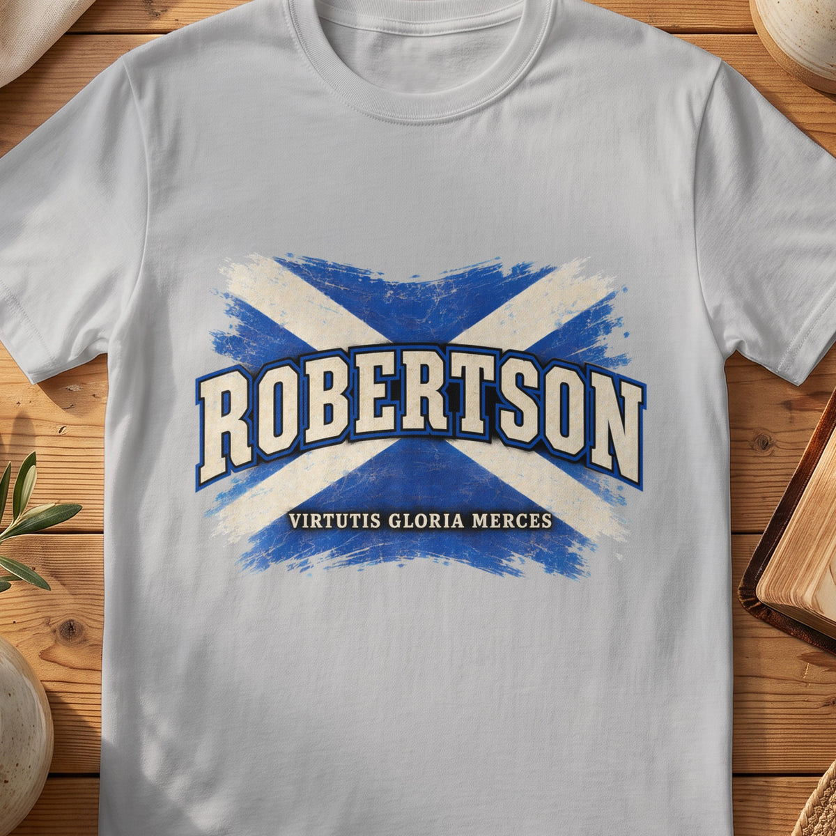 Robertson Scottish Saltire T-shirt in Sport Grey, with distressed blue and cream flag and “Virtutis Gloria Merces” lettering.