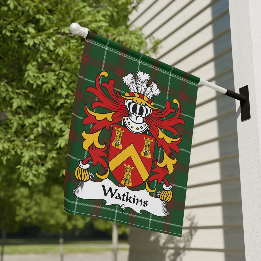 Watkins family crest on a green tartan flag.