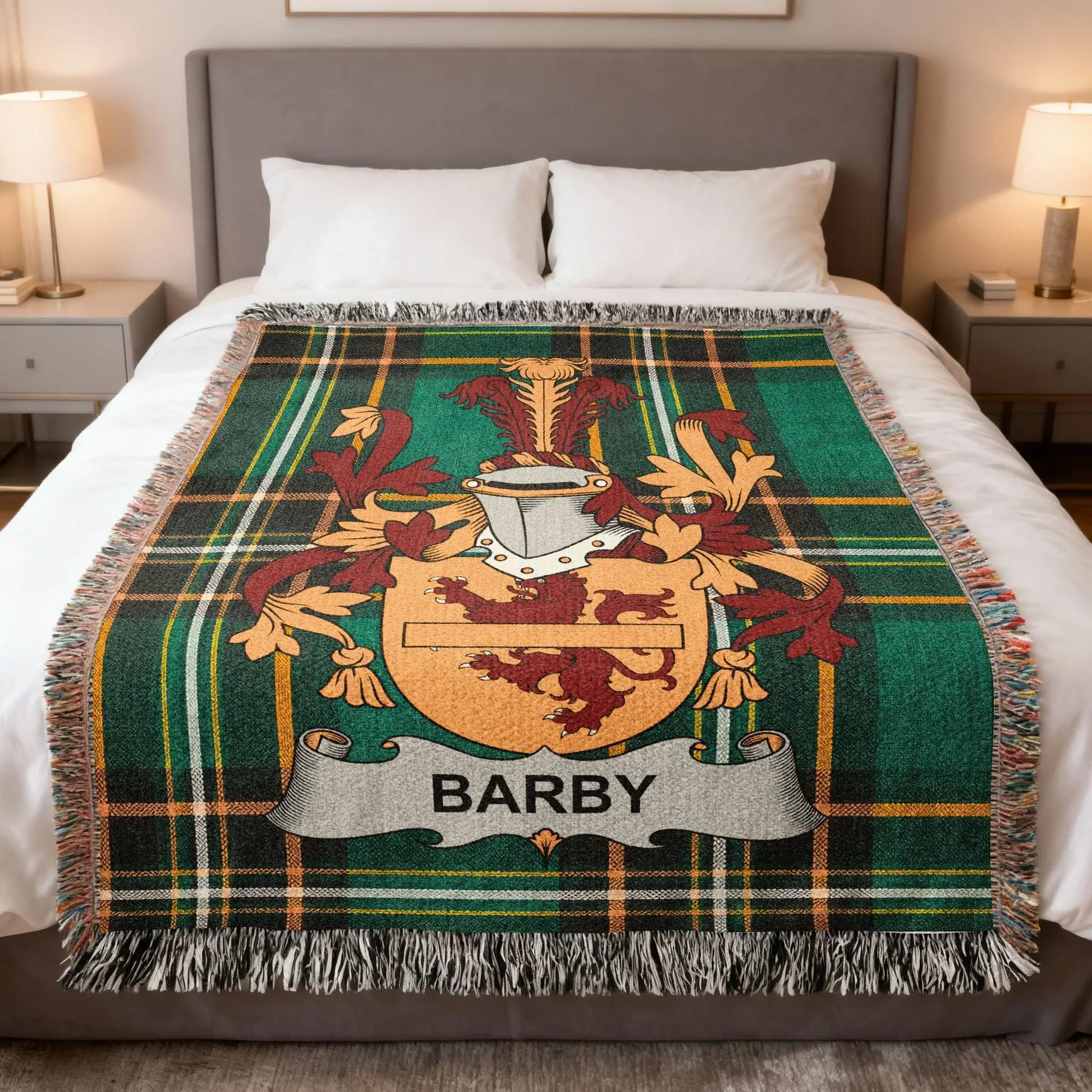 Barby Family Crest Plaid Green Orange Tartan Blanket