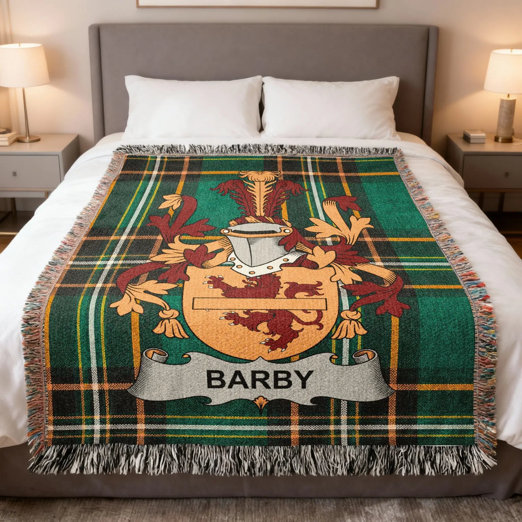 Barby Irish family crest woven blanket with Irish tartan design and fringed edges