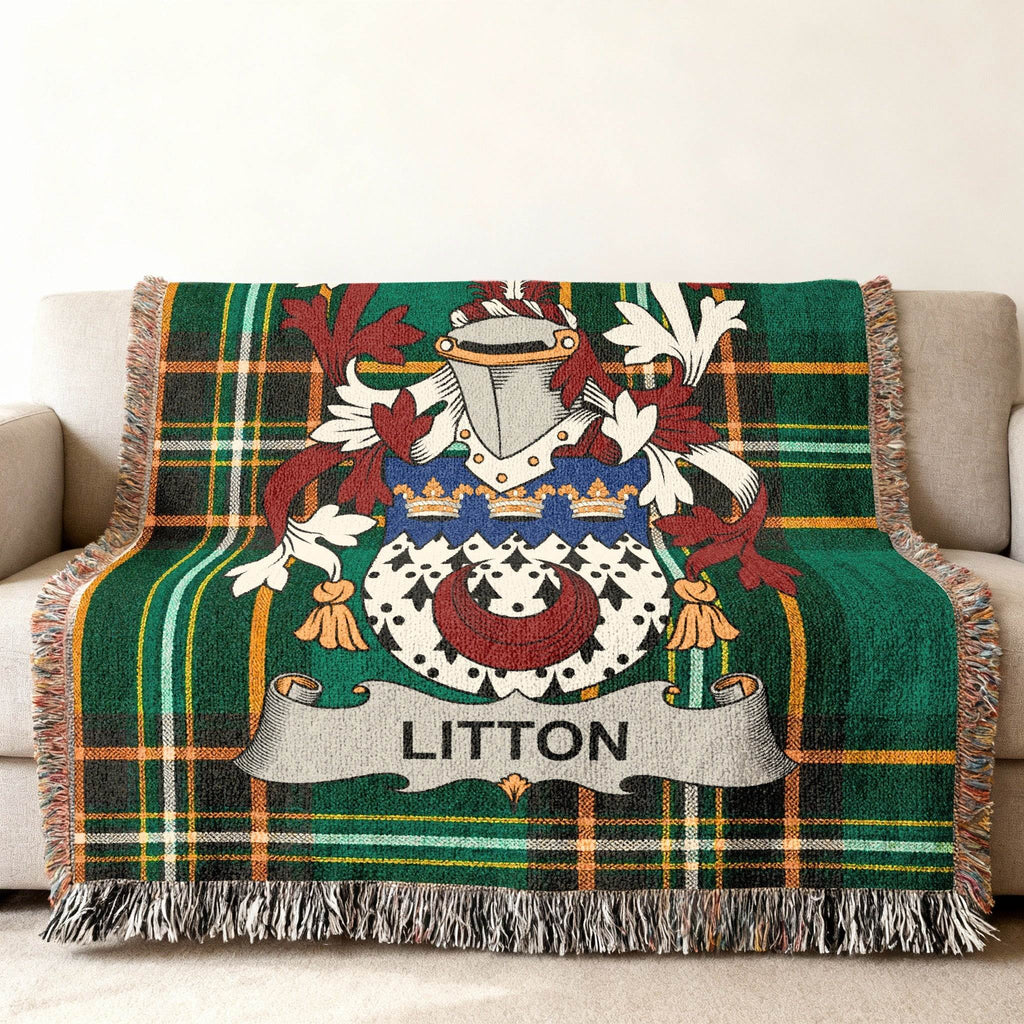 Green tartan blanket with a coat of arms and "LITTON" banner.