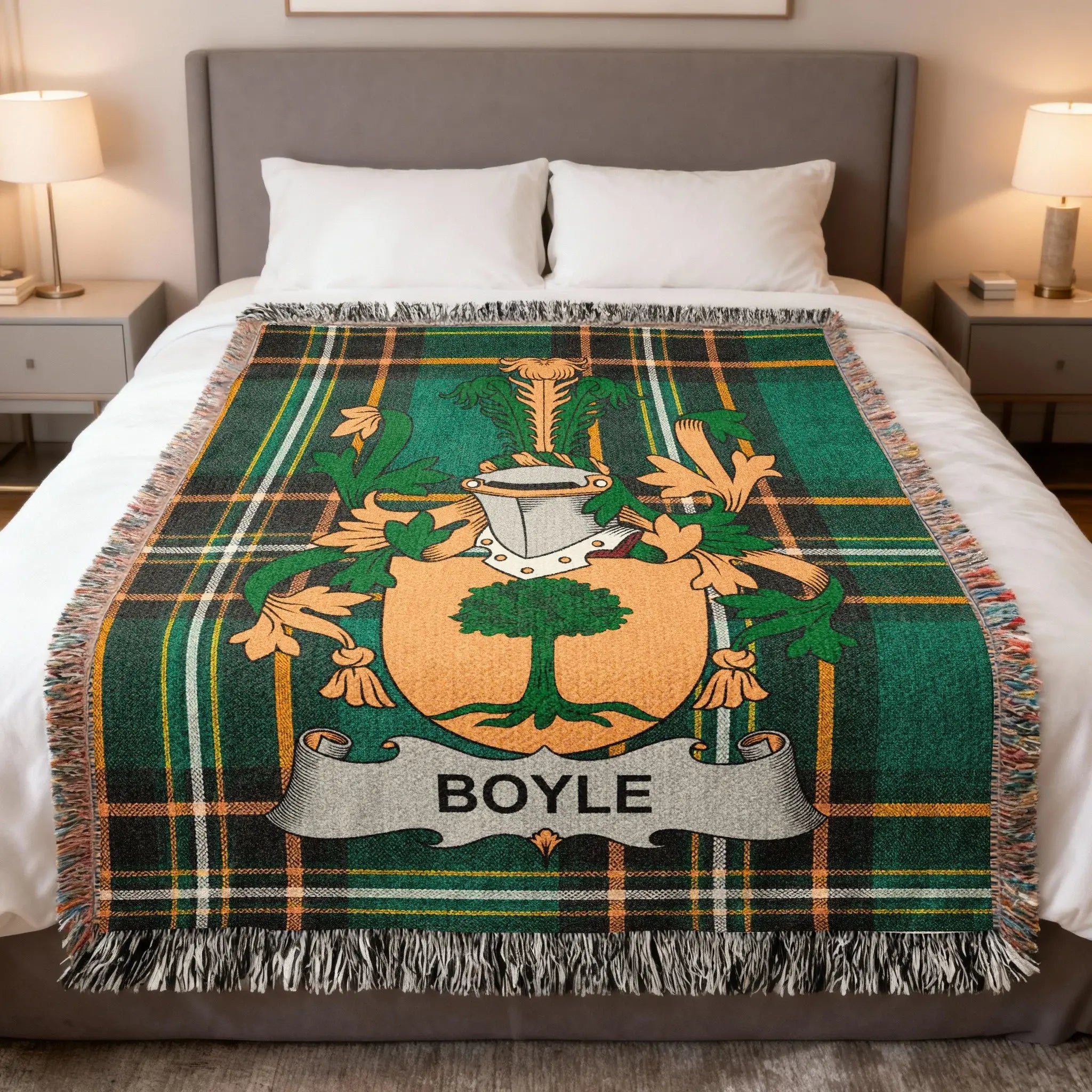 Boyle O'Boyle Irish family crest woven blanket with Irish tartan design and fringed edges